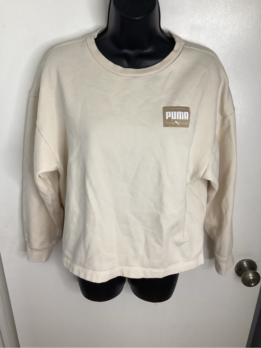 Puma Fleece Crewneck Sweatshirt in Cream with Tan Logo Patch S